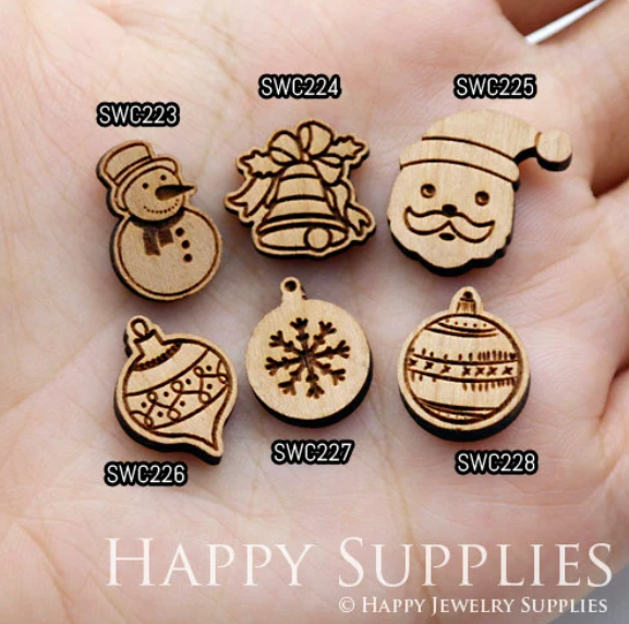 4pcs Handmade Jewelry Making Supplies Wooden Charm, DIY Necklace Earrings Brooch, Laser Cut Christmas Wooden Charms, Mini Wooden Charms (SWC223-228)