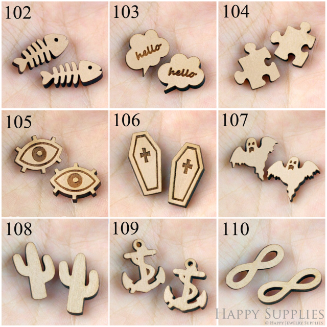 4pcs Handmade Jewelry Making Supplies Wooden Charm, DIY Necklace Earrings Brooch, Laser Cut Wooden Charms, Mini Wooden Charms (SWC 102-110)