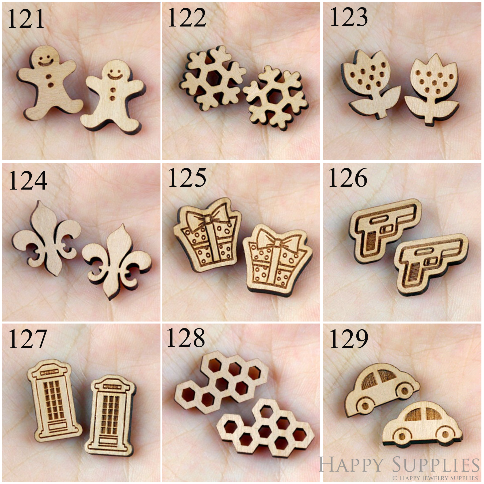 4pcs Handmade Jewelry Making Supplies Wooden Charm, DIY Necklace Earrings Brooch, Laser Cut Wooden Charms, Mini Wooden Charms (SWC121-129)