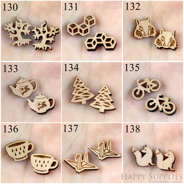 4pcs Handmade Jewelry Making Supplies Wooden Charm, DIY Necklace Earrings Brooch, Laser Cut Wooden Charms, Mini Wooden Charms (SWC 130-138)