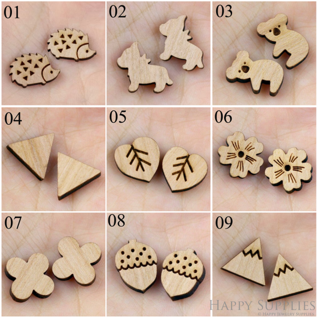 4pcs Handmade Jewelry Making Supplies Wooden Charm, DIY Necklace Earrings Brooch, Laser Cut Wooden Charms, Mini Wooden Charms (SWC 01-09)