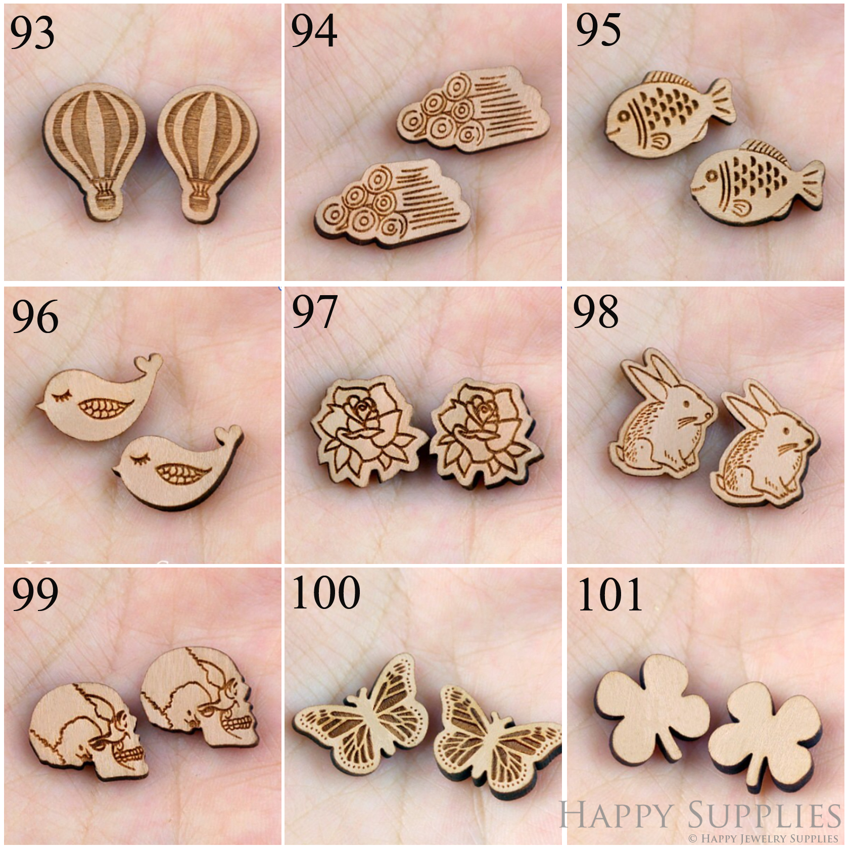 4pcs Handmade Jewelry Making Supplies Wooden Charm, DIY Necklace Earrings Brooch, Laser Cut Wooden Charms, Mini Wooden Charms (SWC93-101)