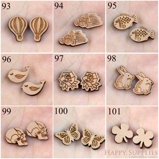 4pcs Handmade Jewelry Making Supplies Wooden Charm, DIY Necklace Earrings Brooch, Laser Cut Wooden Charms, Mini Wooden Charms (SWC 93-101)