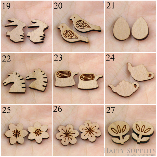 4pcs Handmade Jewelry Making Supplies Wooden Charm, DIY Necklace Earrings Brooch, Laser Cut Wooden Charms, Mini Wooden Charms (SWC 19-27)