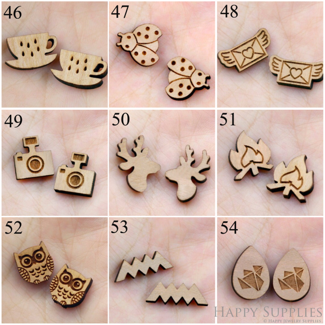 4pcs Handmade Jewelry Making Supplies Wooden Charm, DIY Necklace Earrings Brooch, Laser Cut Wooden Charms, Mini Wooden Charms (SWC 46-54)