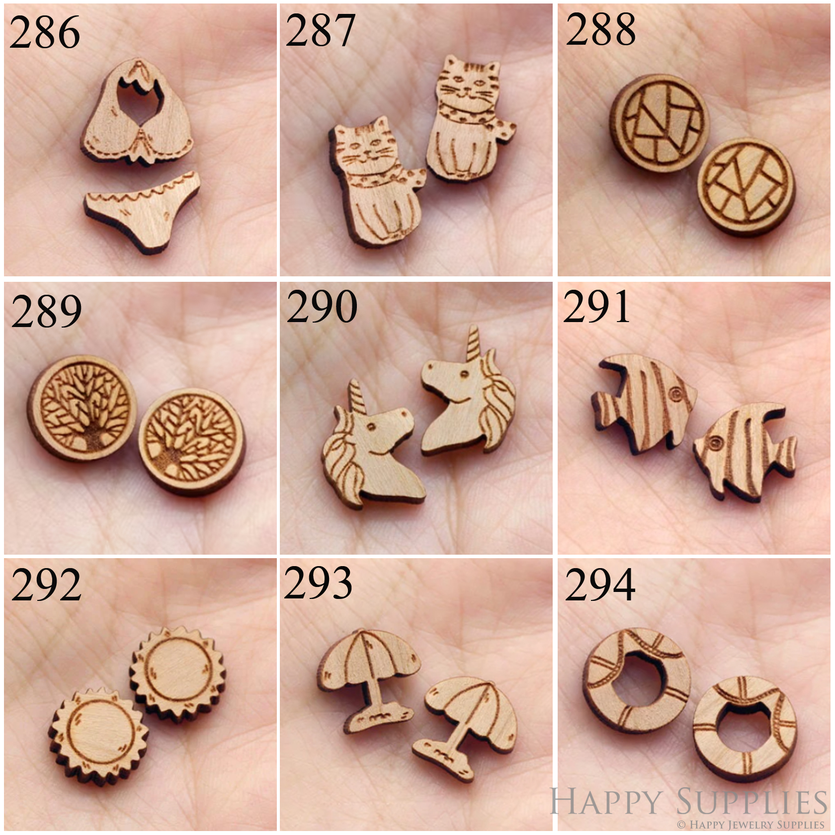 4pcs Handmade Jewelry Making Supplies Wooden Charm, DIY Necklace Earrings Brooch, Laser Cut Wooden Charms, Mini Wooden Charms (SWC286-294)