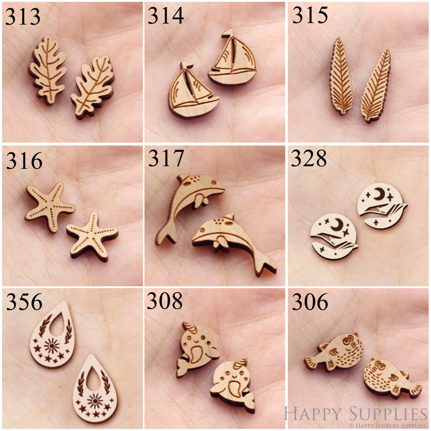 4pcs Handmade Jewelry Making Supplies Wooden Charm, DIY Necklace Earrings Brooch, Laser Cut Wooden Charms, Mini Wooden Charms (SWC313-317)