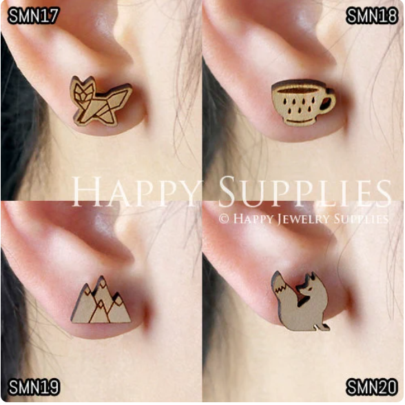 4pcs Handmade Jewelry Making Supplies Wooden Charm, DIY Necklace Earrings Brooch, Laser Cut Wooden Charms, Mini Wooden Charms (SMN17-20)