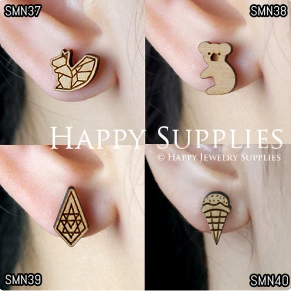 4pcs Handmade Jewelry Making Supplies Wooden Charm, DIY Necklace Earrings Brooch, Laser Cut Wooden Charms, Mini Wooden Charms (SMN37-40)
