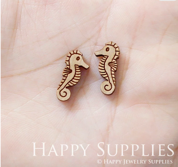 4pcs Handmade Jewelry Making Supplies Wooden Charm, DIY Necklace Earrings Brooch, Laser Cut  Sea horse Wooden Charms, Mini Wooden Charms (SWN186)