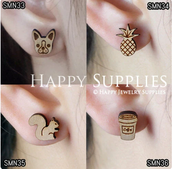 4pcs Handmade Jewelry Making Supplies Wooden Charm, DIY Necklace Earrings Brooch, Laser Cut Wooden Charms, Mini Wooden Charms (SMN33-36)
