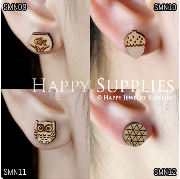 4pcs Handmade Jewelry Making Supplies Wooden Charm, DIY Necklace Earrings Brooch, Laser Cut Wooden Charms, Mini Wooden Charms (SMN09-12)