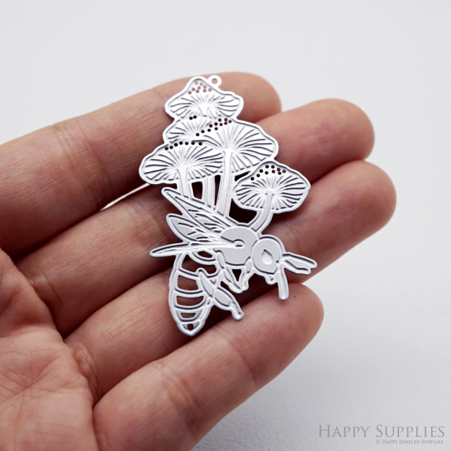Corroded Stainless Steel Jewelry Charms, Bee Mushroom Brass Charms, Earring Charms, Etched Silver Jewelry Pendants, Etched Brass Jewelry Findings, Jewelry Wholesale (SSB1070)