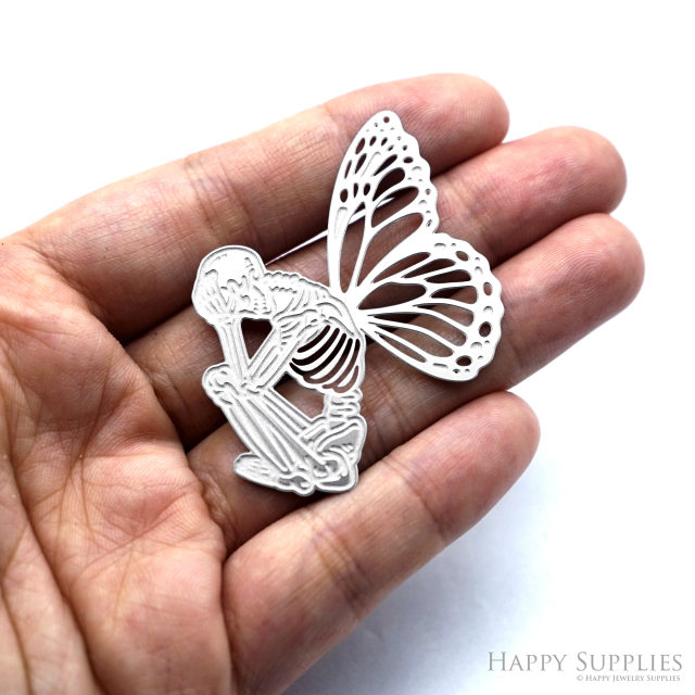 Corroded Stainless Steel Jewelry Charms, Skull Halloween Brass Charms, Earring Charms, Etched Silver Jewelry Pendants, Etched Brass Jewelry Findings, Jewelry Wholesale (SSB1089)