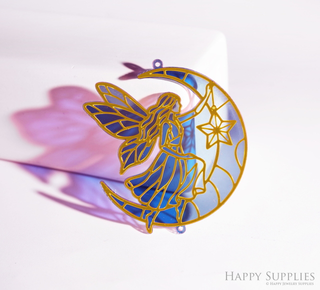 2pcs Rainbow Angel Charm,Brass Prism Charm,Iridescent Moon Light Catcher,Hollow Angel with Moon for DIY Suncatchers,Window Hanging Decor(Q025)