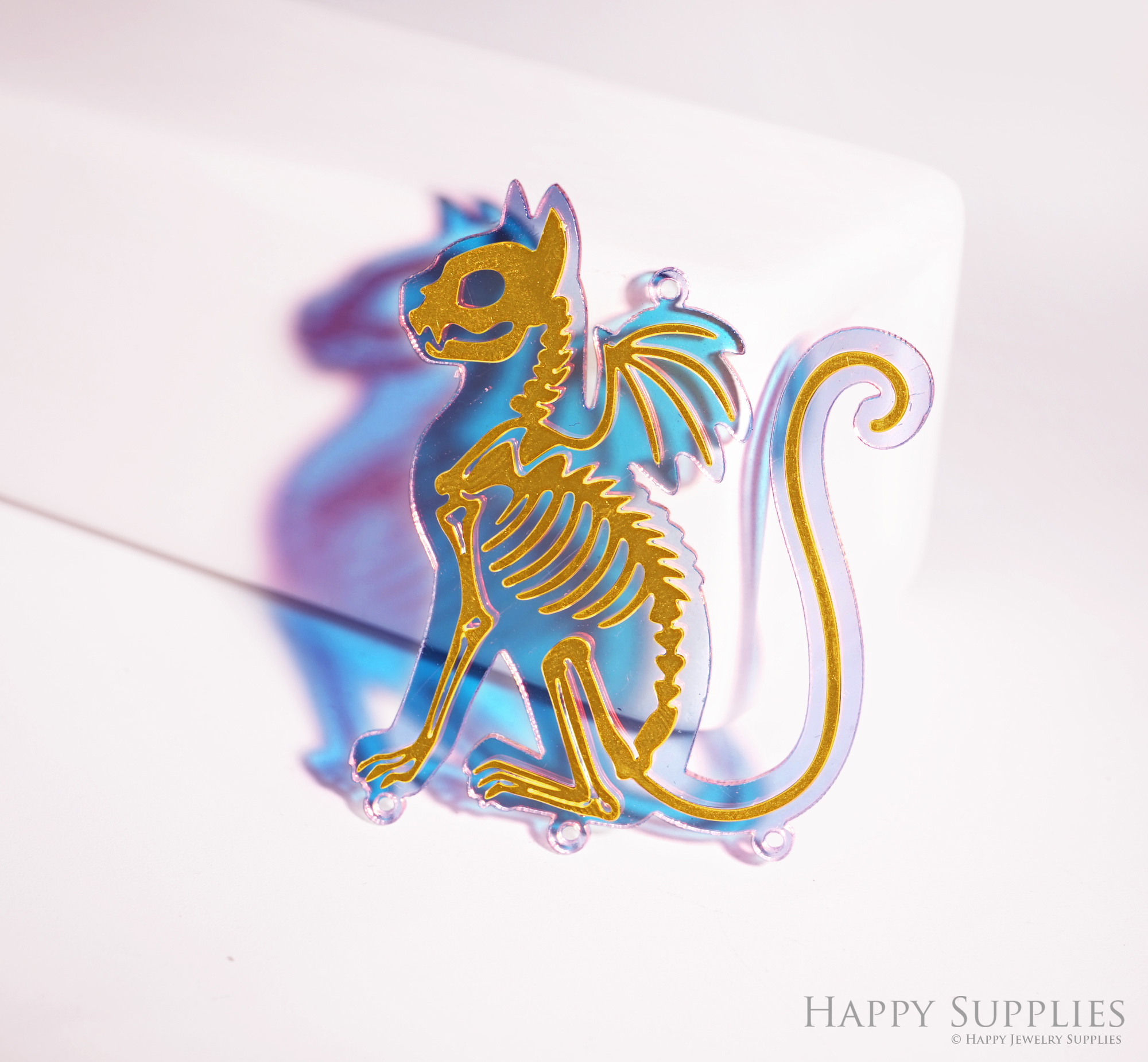 2pcs Rainbow Cat Charm, Brass Prism Charm, Iridescent Cat Pendant, Skull Cat Connector, DIY Suncatcher, DIY Jewelry Making Supplie (Q024)
