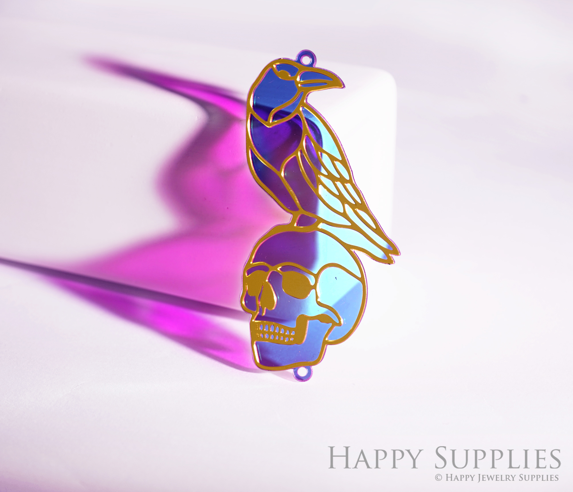 2pcs Rainbow Halloween Charm, Brass Prism Charm, Iridescent Ghost Skull Pendant, Crow Connector, DIY Jewelry Making Supplie (Q012)