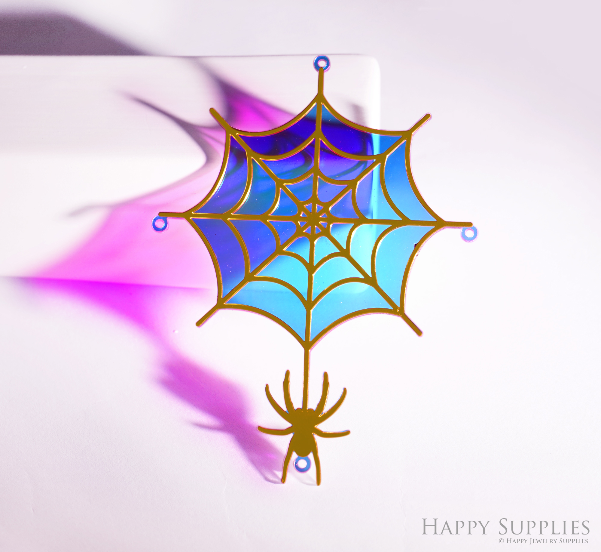 2pcs Rainbow Halloween Charm, Brass Prism Charm, Iridescent Spider Web Pendant, Spider Hand Connector, DIY Jewelry Making Supplie (Q011)