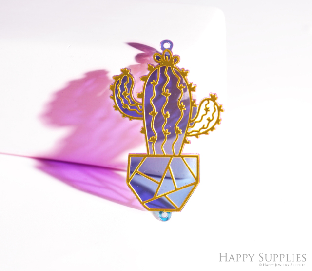 2pcs Rainbow Cactus Charm, Brass Prism Charm, Iridescent Cactus Pendant, Cactus Connector, DIY Jewelry Making Supplie, DIY Suncatchers (Q044)