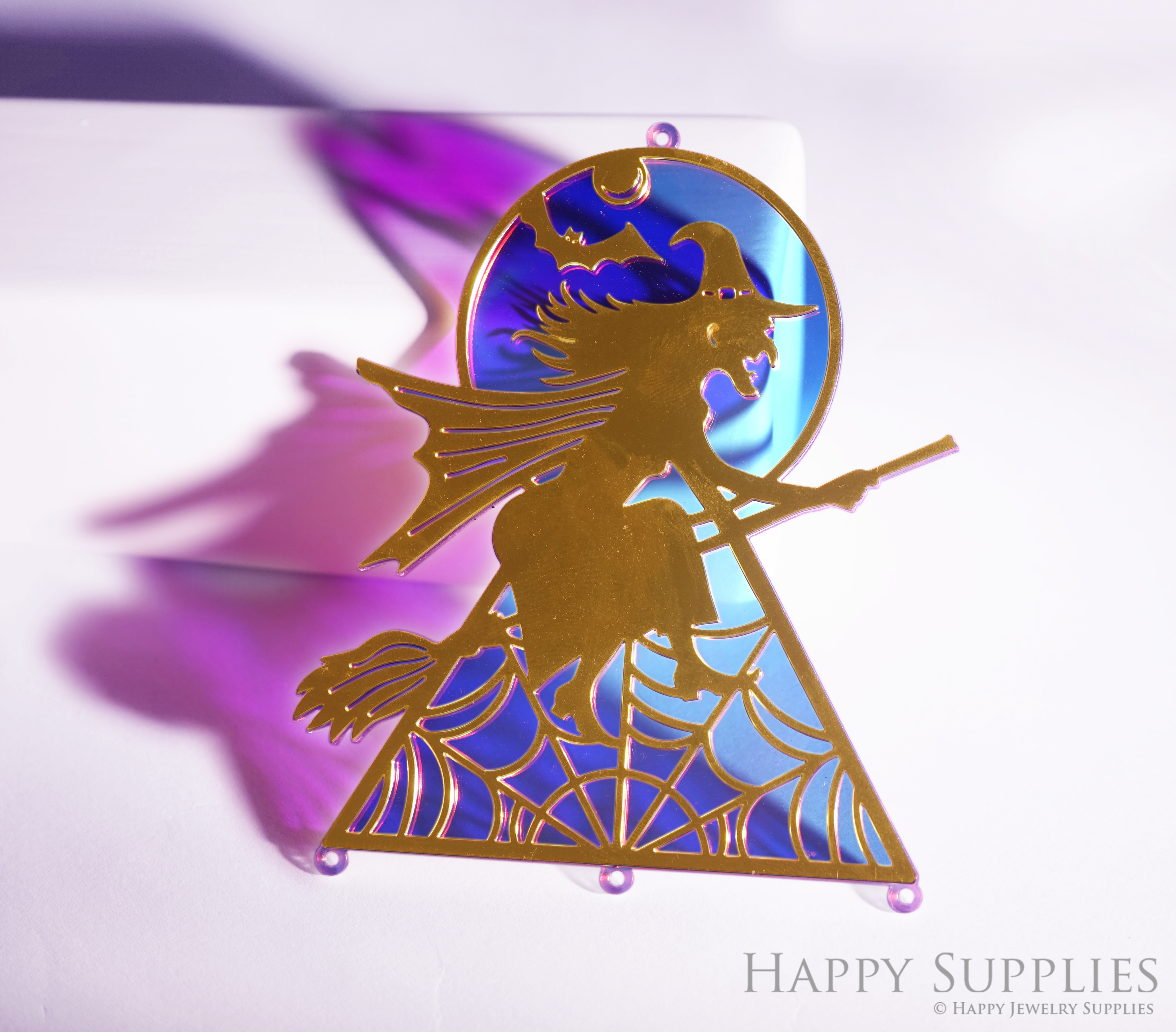2pcs Big Rainbow Witch Charm,Brass Prism Charm,Iridescent Witch Light Catcher,Hollow Witch with Moon for DIY Suncatchers,Window Hanging Decor(Q048)