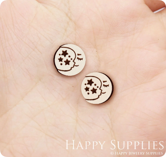 4pcs Handmade Jewelry Making Supplies Wooden Charm, DIY Necklace Earrings Brooch, Laser Cut Moon Wooden Charms, Mini Wooden Earrings, Mini Wooden Charms (SWN292)
