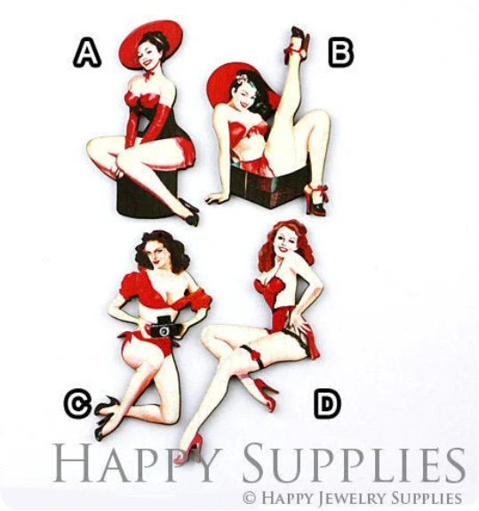 2pcs Handmade Jewelry Making Supplies Beads Cut Wooden Pin Up Girl  Charm For DIY Necklace Earring Brooch (CWM06)
