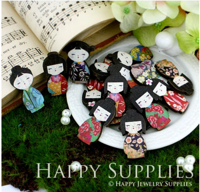 Handmade Jewelry Making Supplies Beads Cut Wooden Japanese Doll Charm For DIY Necklace Earring Brooch (CWD06)
