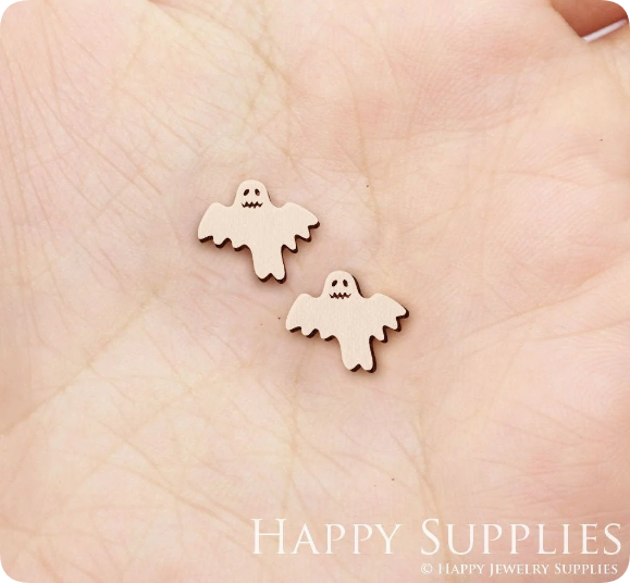 4pcs Handmade Jewelry Making Supplies Wooden Charm, DIY Necklace Earrings Brooch, Laser Cut Ghost Wooden Charms, Mini Wooden Earrings, Mini Wooden Charms (SWN310)