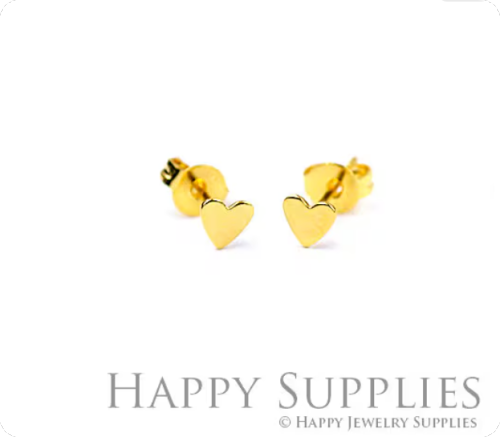 10Pcs (5 pairs) Nickel Free - High Quality 5 mm Golden Brass  Heart  Earring Posts Findings with Ear Studs Back Stoppers (ZE156)