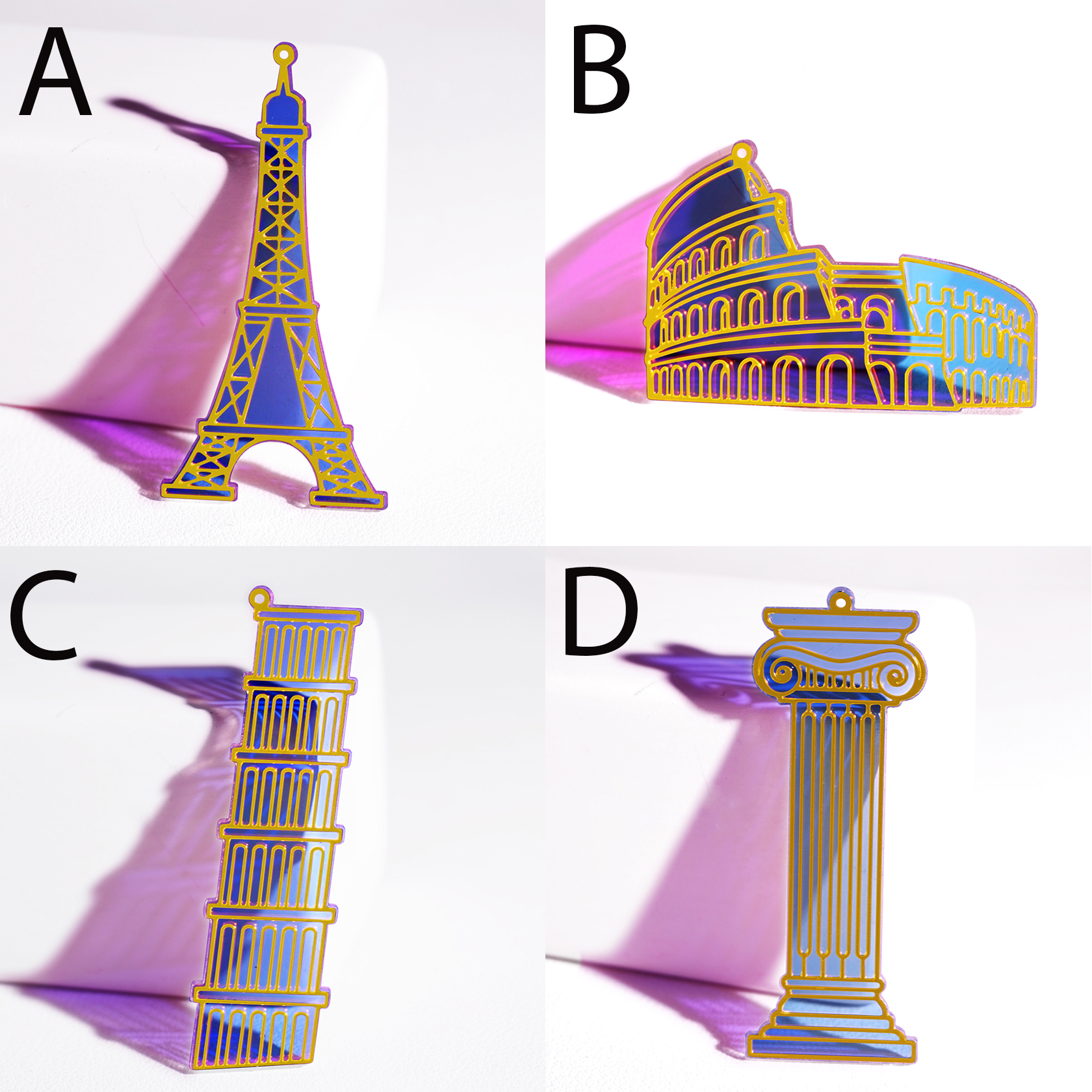 2pcs Rainbow Buildings Charm, Brass Prism Charm, Iridescent Architectural Pendant, Eiffel Tower Connector, the Leaning Tower of Pisa Charms, Colosseum Charms, marble pillar chams, DIY Jewelry Making Supplie (Q081)