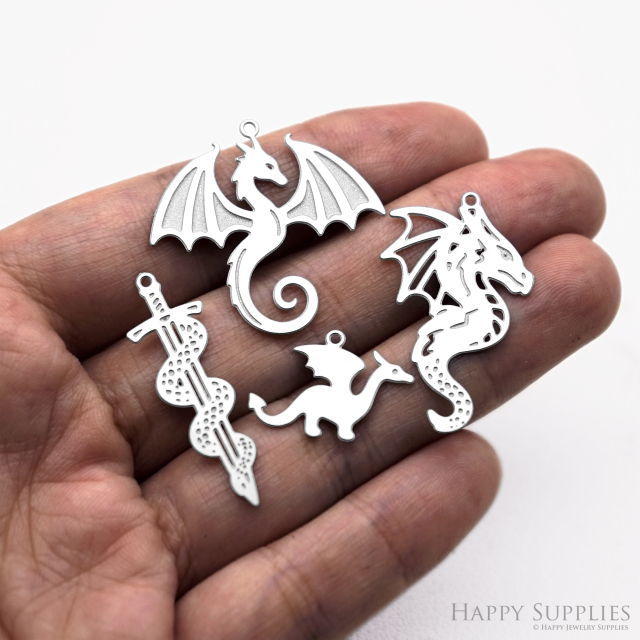 4pcs(1set) Corroded Stainless Steel Jewelry Charms, Dragon Brass Charms, Etched Charms, Corroded Silver Jewelry Findings, Etched Pendants Jewelry Wholesale (SSB1143)