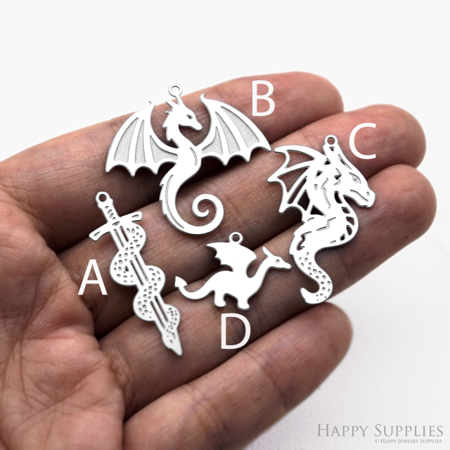 4pcs(1set) Corroded Stainless Steel Jewelry Charms, Dragon Brass Charms, Etched Charms, Corroded Silver Jewelry Findings, Etched Pendants Jewelry Wholesale (SSB1143)