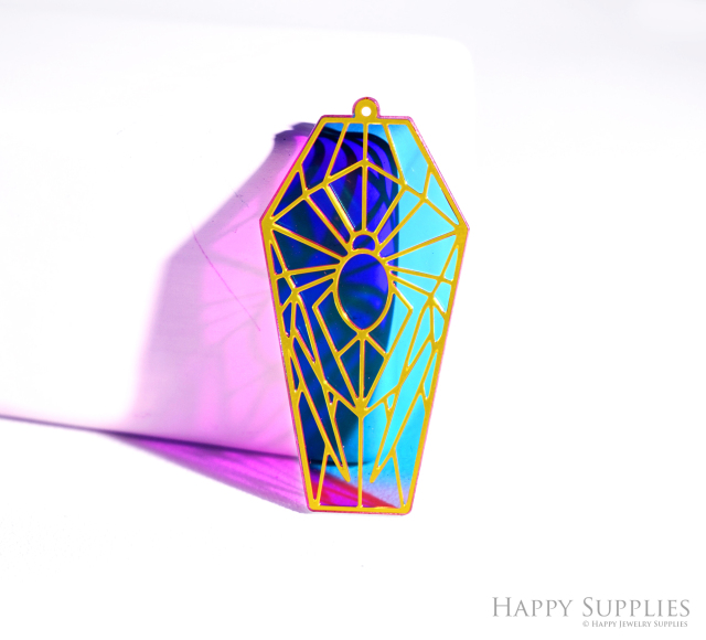 2pcs Rainbow Coffin Charm, Brass Prism Charm, Iridescent Coffin Pendant, Coffin with spider Connector, DIY Jewelry Making Supplie (Q092)