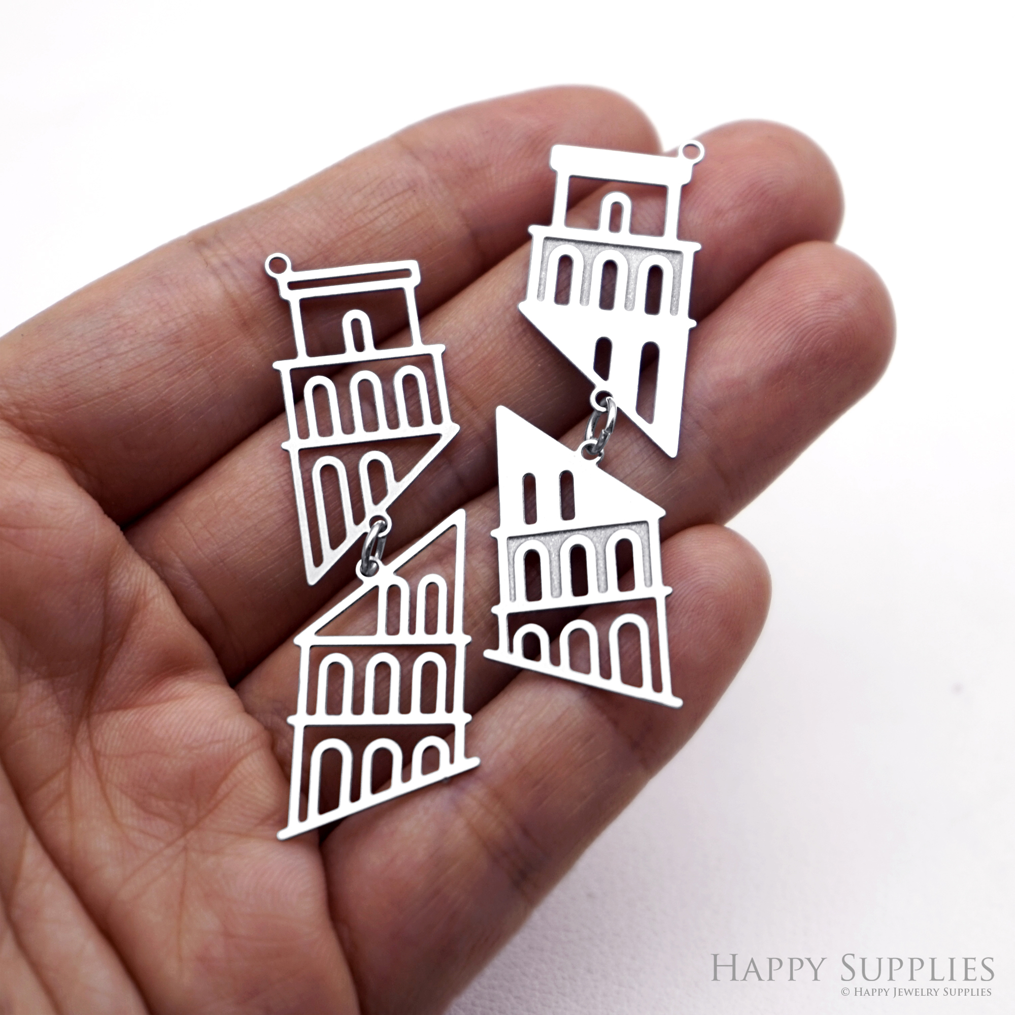 4pcs(1set) Corroded Stainless Steel Jewelry Charms, Leaning Tower of Pisa Brass Charms, Etched Charms, Corroded Silver Jewelry Findings, Etched Pendants Jewelry Wholesale (SSB1144)