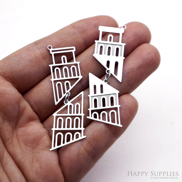 4pcs(1set) Corroded Stainless Steel Jewelry Charms, Leaning Tower of Pisa Brass Charms, Etched Charms, Corroded Silver Jewelry Findings, Etched Pendants Jewelry Wholesale (SSB1144)