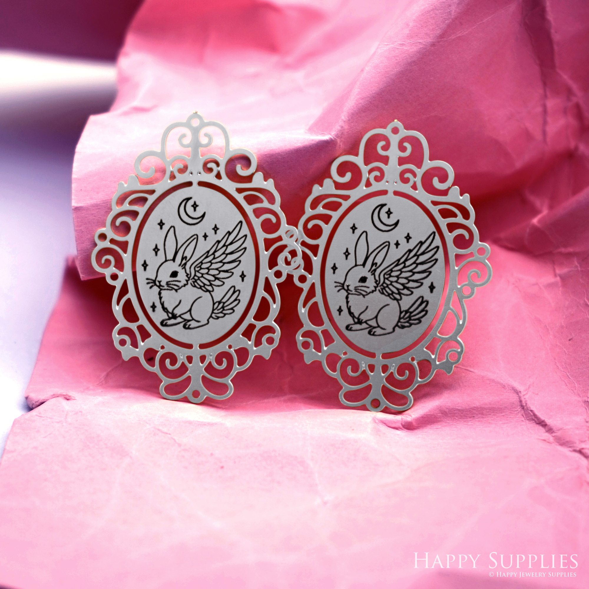 Making Jewelry Findings Raw Brass Bead Pendant Laser Cut Engraved Charm, Rabbit Stainless Steel Charms, Necklace Earrings (ERD514)