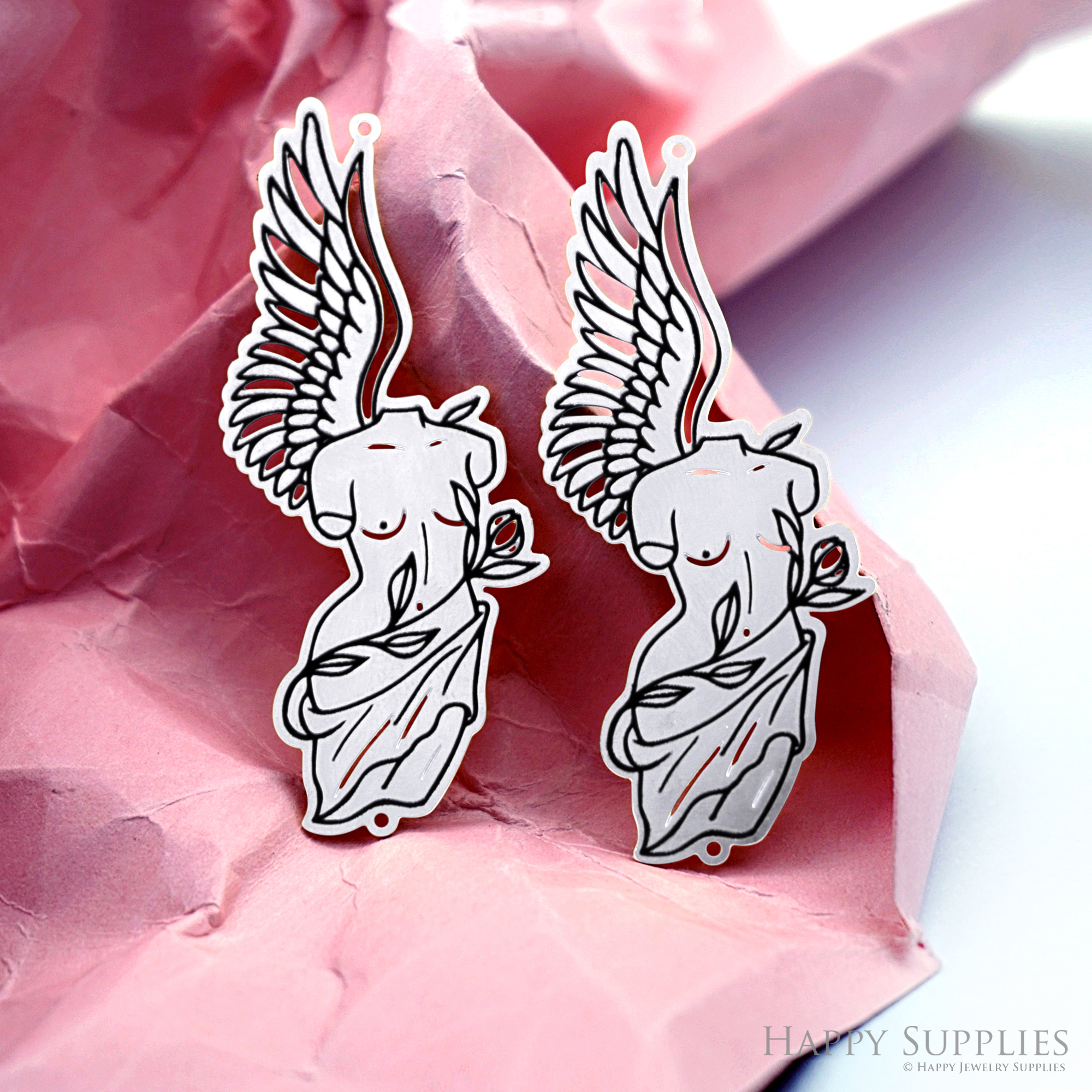 Making Jewelry Findings Raw Brass Bead Pendant Laser Cut Engraved Charm, Angel Stainless Steel Charms, Necklace Earrings (ERD518)