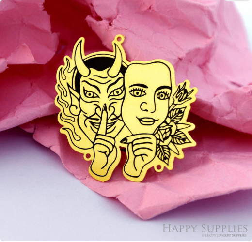 Making Jewelry Findings Raw Brass Bead Pendant Laser Cut Engraved Charm, Devil Mask Stainless Steel Charms, Necklace Earrings (ERD371)
