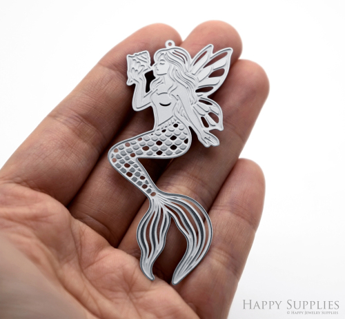 Corroded Stainless Steel Jewelry Charms, Mermaid Brass Charms, Earring Charms, Etched Silver Jewelry Pendants, Etched Brass Jewelry Findings, Jewelry Wholesale (SSB1193)