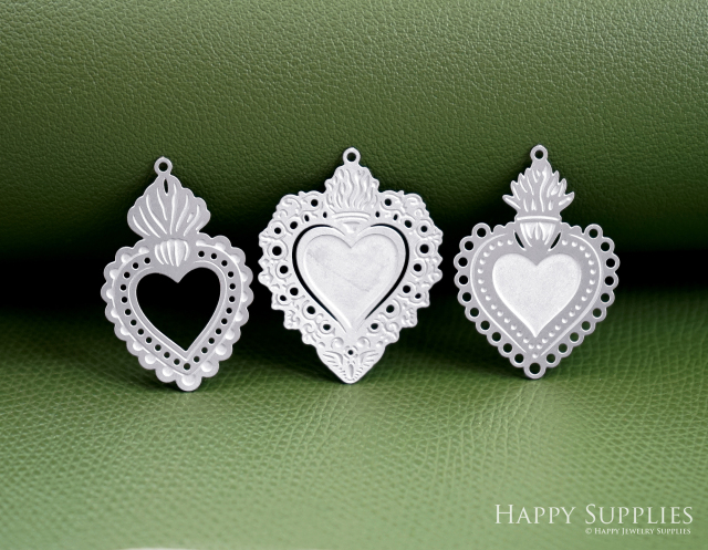 Corroded Stainless Steel Jewelry Charms, Milagro Heart Brass Charms, Earring Charms, Etched Silver Jewelry Pendants, Etched Brass Jewelry Findings, Jewelry Wholesale (SSB1200)