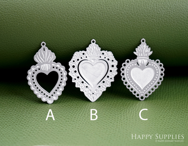 Corroded Stainless Steel Jewelry Charms, Milagro Heart Brass Charms, Earring Charms, Etched Silver Jewelry Pendants, Etched Brass Jewelry Findings, Jewelry Wholesale (SSB1200)