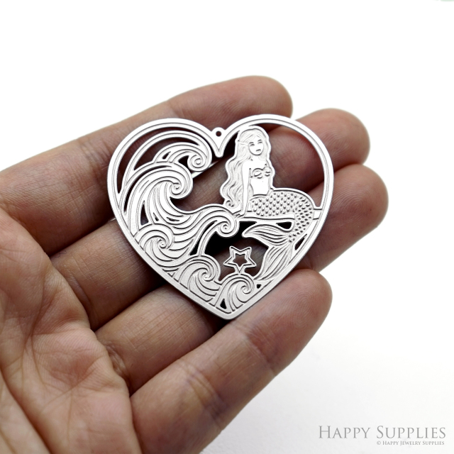 Corroded Stainless Steel Charm, Mermaid Heart Brass Charms, Earring Charms, Etched Silver Jewelry Pendants, Etched Brass Jewelry Findings, Jewelry Wholesale (SSB1210)