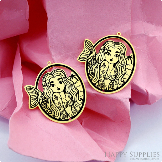 Making Jewelry Findings Raw Brass Bead Pendant Laser Cut Engraved Charm, Mermaid Stainless Steel Charms, Necklace Earrings (ERD393)