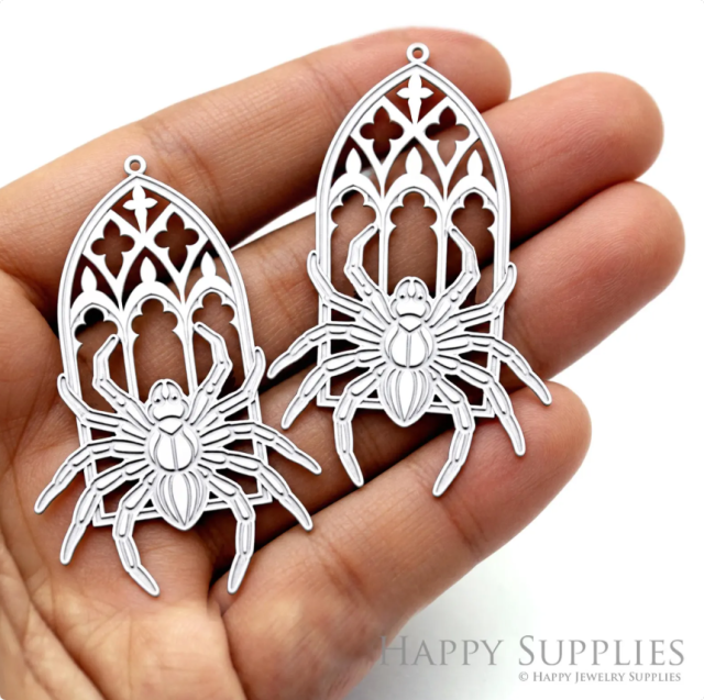 Spider Cathedral Window Etched Stainless Steel Charms, Gothic Spider Earring Findings, Halloween Jewelry Supplies (SSB1250)