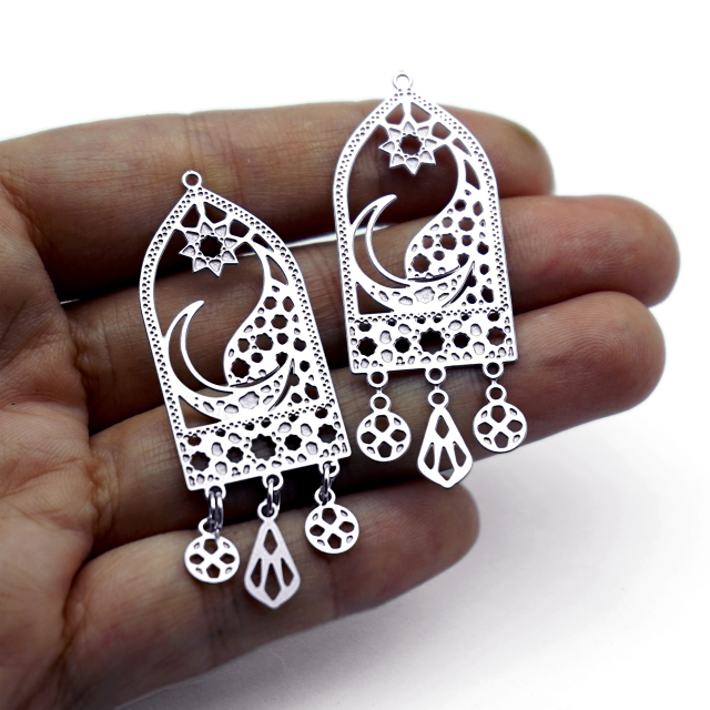 8pcs(1set) Crescent Moon Peacock Stainless Steel Charms, Moroccan Etched Earring Findings, Celestial Jewelry Supplies (SSB1251)