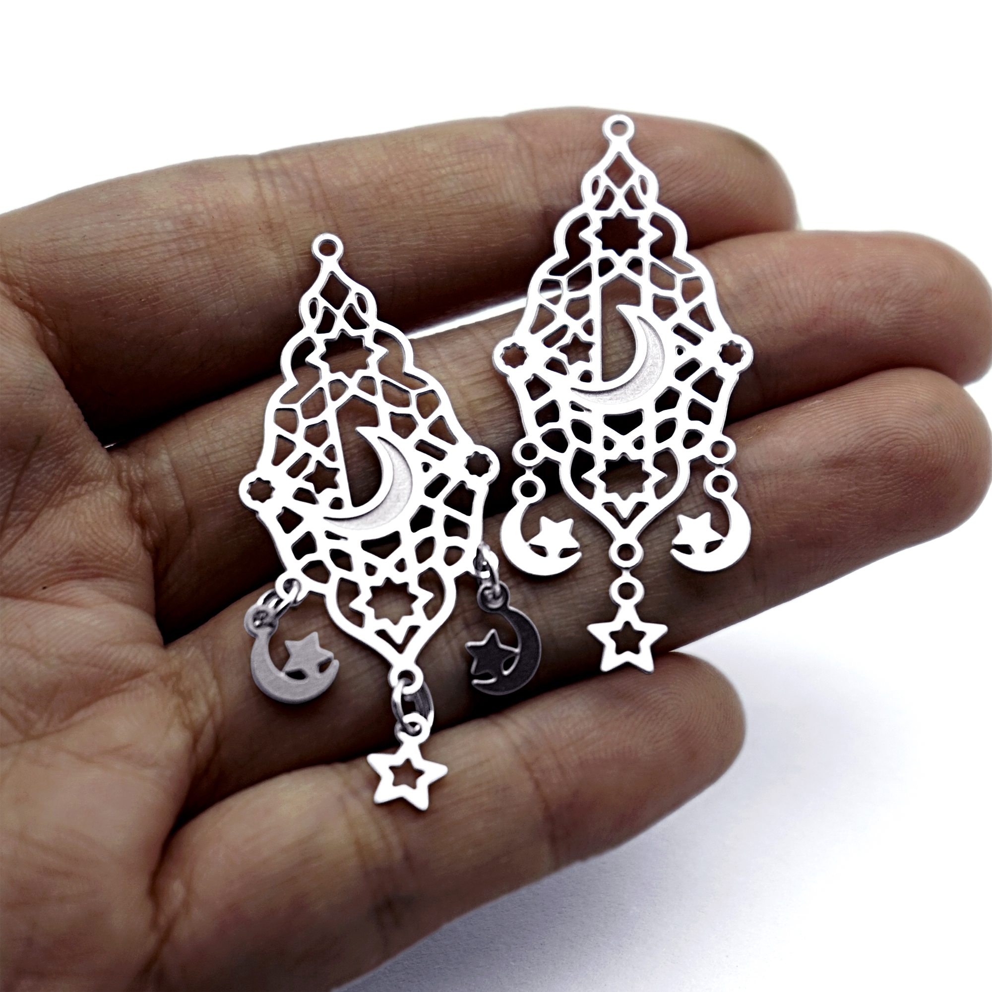 8pcs(1set) Crescent Moon and Star Stainless Steel Charms, Moroccan Geometric Earring Findings, Celestial Jewelry Supplies (SSB1254)