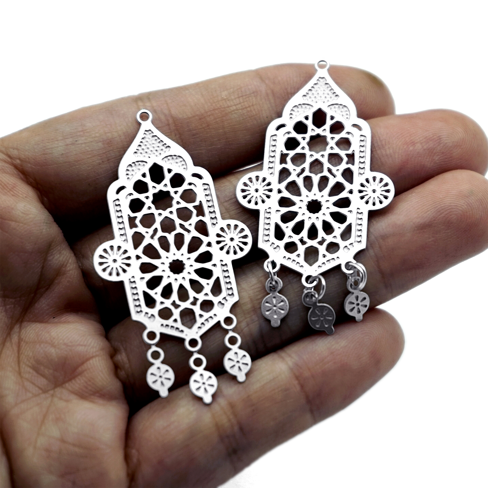 8pcs(1set) Ornate Moroccan Stainless Steel Charms, Islamic Geometric Etched Earring Findings, Mandala Jewelry Supplies (SSB1256)