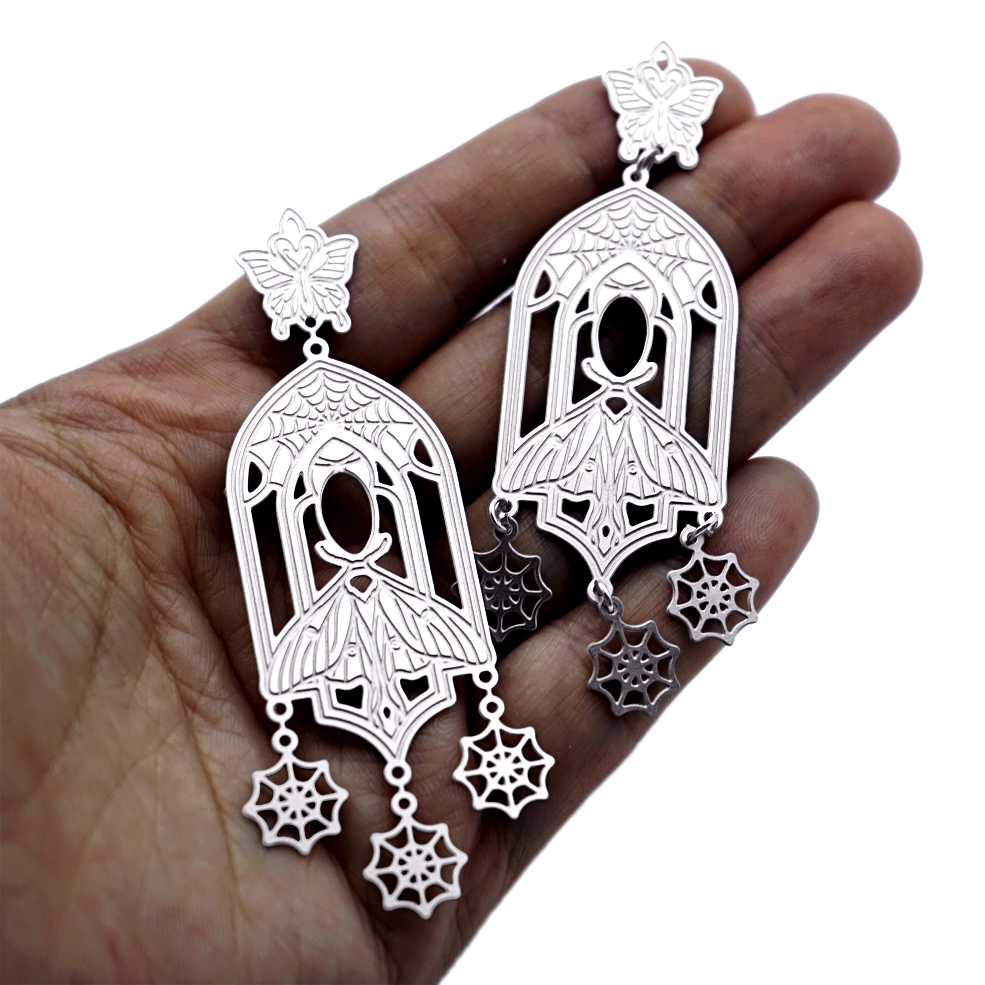 10pcs(1set) Moth Spiderweb Stainless Steel Charms, Gothic Window Earring Findings, Halloween Jewelry Supplies (SSB1258)