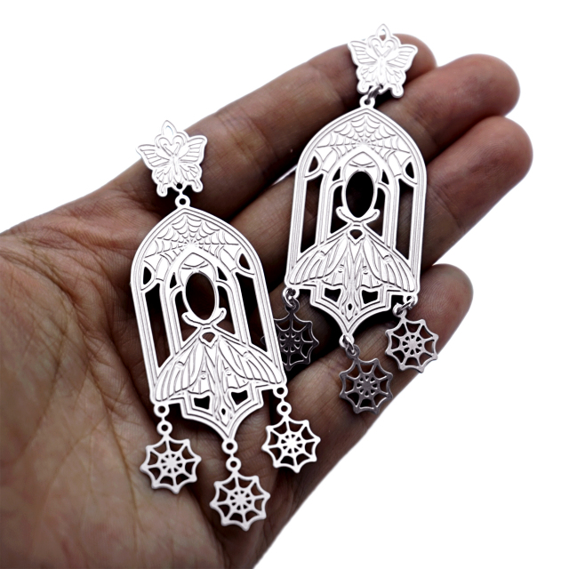 10pcs(1set) Moth Spiderweb Stainless Steel Charms, Gothic Window Earring Findings, Halloween Jewelry Supplies (SSB1258)