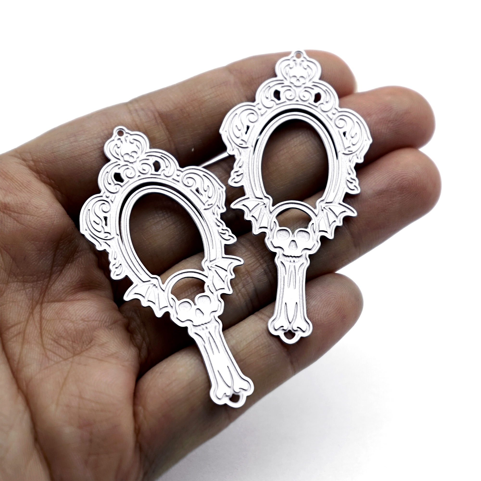 Skull Bat Stainless Steel Charms, Gothic Mirror Earring Findings, Halloween Jewelry Making Supplies (SSB1259)
